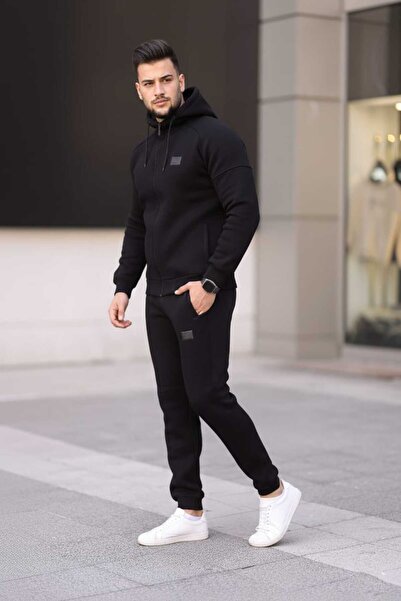 Fors Life Ανδρικό σετ φόρμας K με κουκούλα με φλις εσωτερικά, άνετο, μαύρο