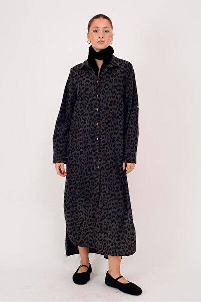 Park Moda 20119 ROCHIE CĂMĂȘĂ DIN CATIFELĂ CU MODEL LEOPARD LOVA