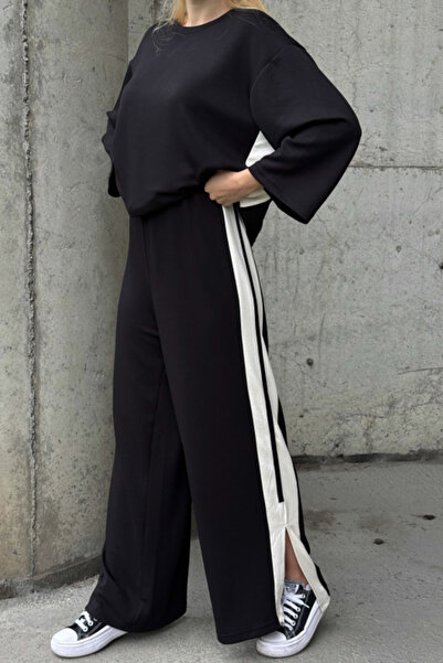 Chiccy Black-White Pool Neck Wide Sleeve Slit Side Striped Oversized Knitted Bottom Top Set 70-105 65-68