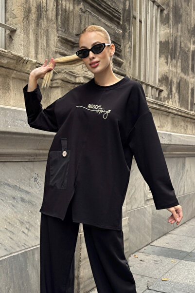 Chiccy Black Round Neck Long Sleeve Pocket Printed Elastic Waist Two Thread Knitted Bottom Top Suit 70-105 65-68