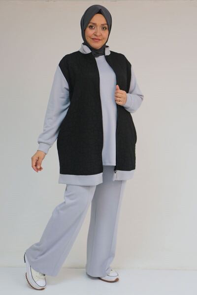 Eslina 57304 Plus Size Modal-Quilted Three-Piece Set with Jacket - Black-Grey