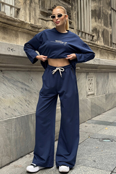 Chiccy Navy Blue Round Neck Long Sleeve Printed Elastic Waist Two Thread Knitted Bottoming Top Set 70-105 65-68