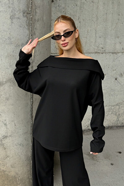 Chiccy Black Turn-Down Collar Long Sleeve Elastic Waist Wide Leg Velvet Oversized Knitted Bottom Top Set 70-105 65-68