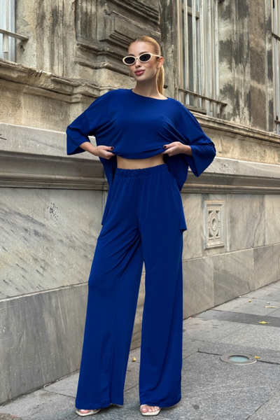 Chiccy Cobalt Blue Boat Neck 3/4 Sleeve Pocketed Elastic Waist Wide Leg Knitted Bottom Top Set 70-105 65-68
