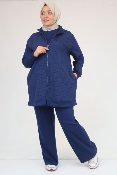 Eslina 57304 Plus Size Modal-Quilted Three-Piece Set with Jacket - Indigo-Indigo