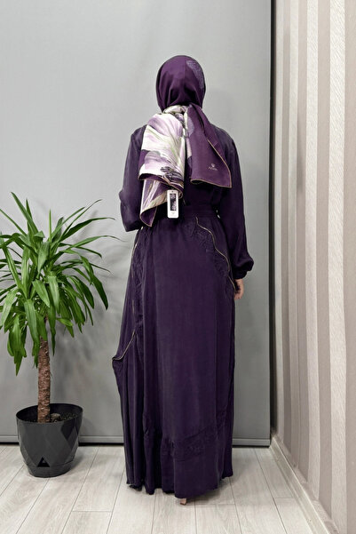 MissWhence Embroidery and Zipper Detailed Cupra Silk Dress Purple 37800