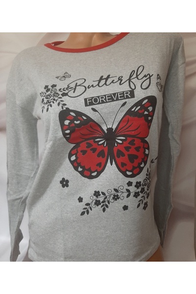 Butik طقم بيجامة نسائي من القطن بأكمام طويلة وجزء سفلي طويل بنقشة رمادية