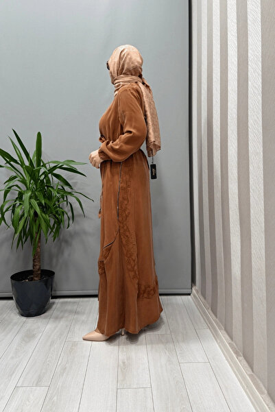 MissWhence Embroidery and Zipper Detailed Cupra Silk Dress Cinnamon 37800