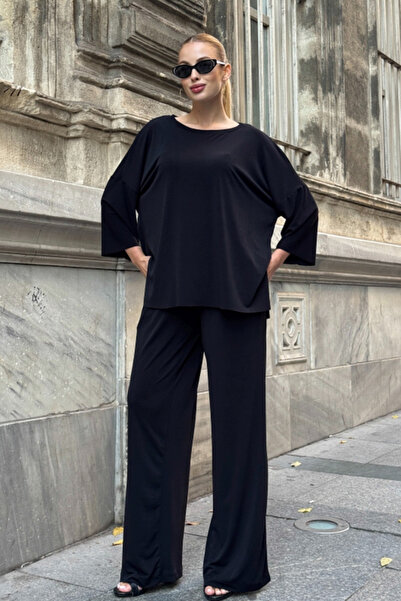 Chiccy Black Boat Neck 3/4 Sleeve Pocketed Elastic Waist Wide Leg Oversized Knitted Bottom Top Set 70-105 65-68