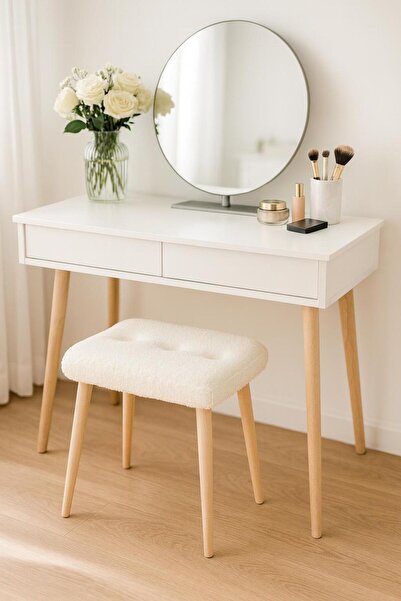 KOKİ DESİGN Peluş Kumaş Beyaz Düğmeli Dekoratif Puf Tabure Makyaj Masası Pufu