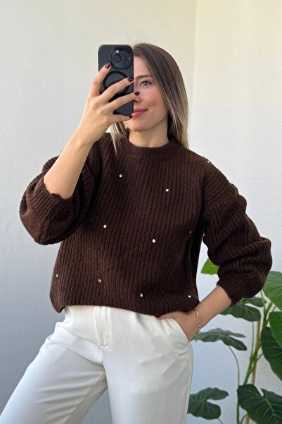 Kubos Moda Balloon Sleeve Pearl Embroidered Dark Brown Knitwear Sweater