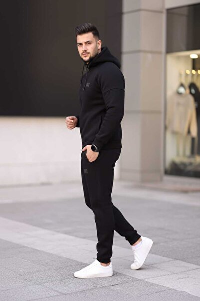 Fors Life Ανδρικό σετ φόρμας K με κουκούλα με φλις εσωτερικά, άνετο, μαύρο