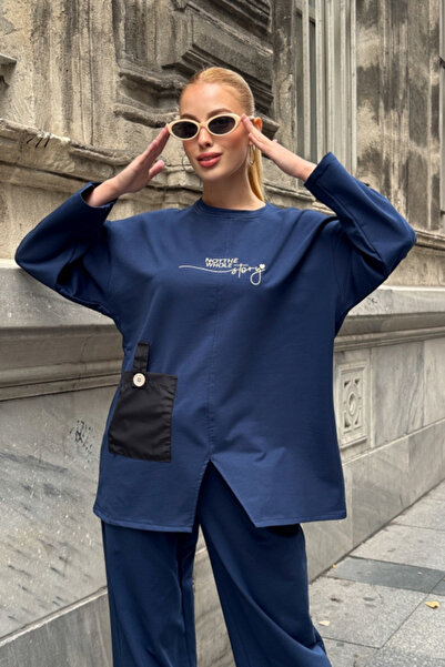 Chiccy Navy Blue Round Neck Long Sleeve Printed Elastic Waist Two Thread Knitted Bottoming Top Set 70-105 65-68