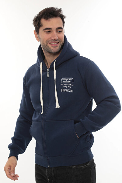PHANTOM JEANS Hanorac pentru bărbați, albastru, standard, normal, croială cu interior din lână, cu fermoar complet, cu glugă din bumbac, tricou