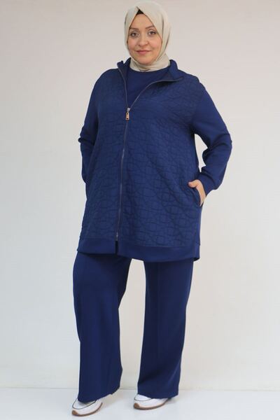 Eslina 57304 Plus Size Modal-Quilted Three-Piece Set with Jacket - Indigo-Indigo