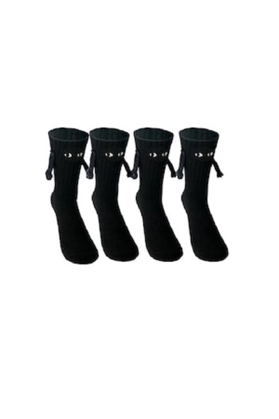 OEM Magnetic 'Holding Hands' Socks with Embroidered Eyes, Size 36-41, Black, Couple Gift, Set of 2 Pairs