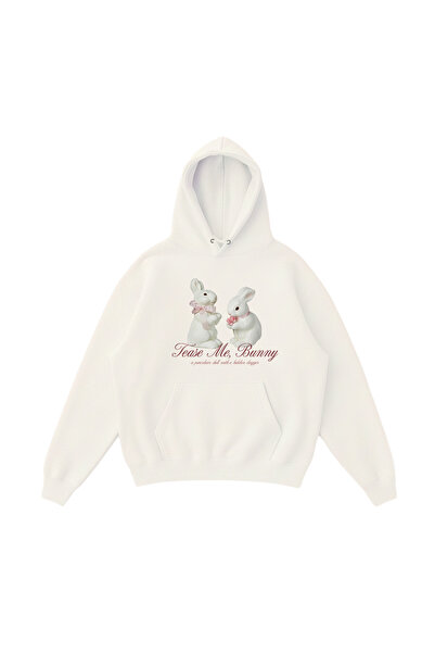 WHITE OF CREATIVE Tavşan Baskılı Oversize Hoodie Bunny Figürlü 3 İplik Kapüşo...