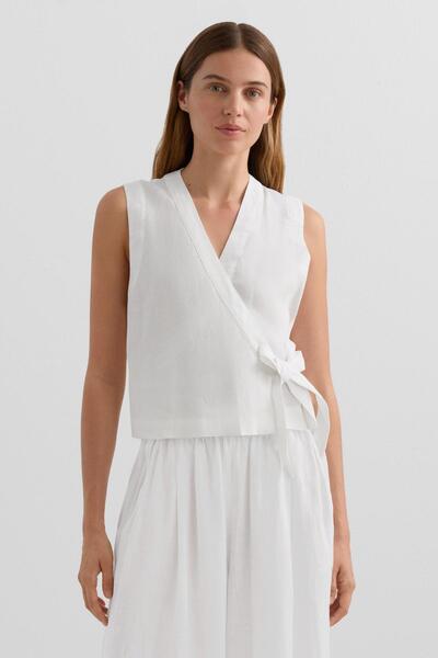 Oysho Bağcıklı kruvaze Top %100 keten