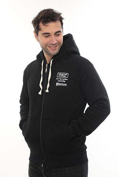 PHANTOM JEANS Hanorac pentru bărbați, negru, standard, normal, croială fleece în interior, cu fermoar complet, cu glugă bumbac, tricou