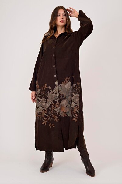 Park Moda 10974 Lova Flower Pattern Tie-Up Velvet Shirt Dress