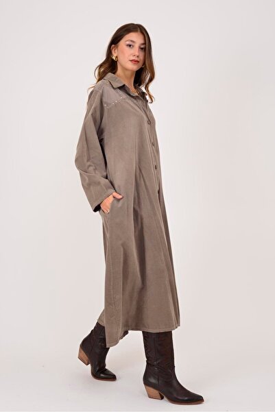 Park Moda 11429 ROCHIE DE CATIFELĂ CU DETALII DE PIELE DE CĂPĂTĂ CU FLORI LOVA