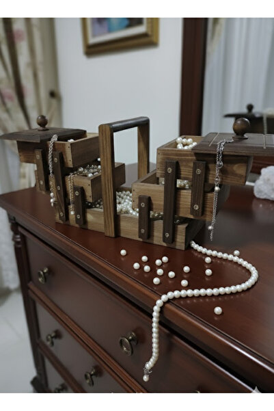 abnturk Ahşap Akordiyon 5 Bölmeli Kapaklı Dekoratif Dikiş Kutusu Takı Makyaj ...