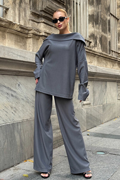 Chiccy Gray Turn-Down Collar Long Sleeve Elastic Waist Wide Leg Velvet Oversized Knitted Bottom Top Set 70-105 65-68