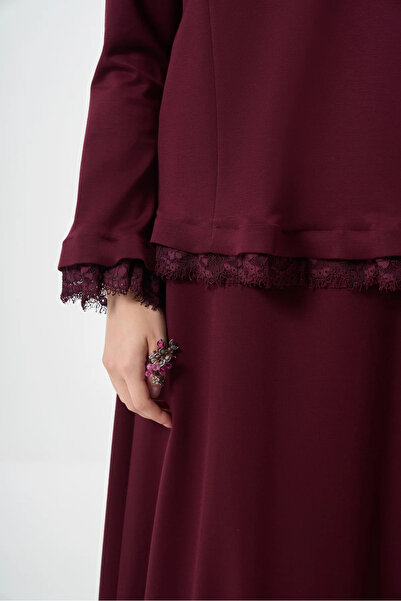MissWhence Guipure Detailed Skirt Suit Burgundy 38004