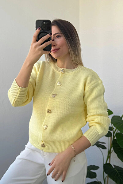 Kubos Moda Heart Button Detailed Crew Neck Yellow Cardigan
