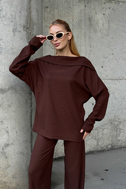 Chiccy Brown Turn-Down Collar Long Sleeve Elastic Waist Wide Leg Velvet Knitted Bottom Top Set 70-105 65-68