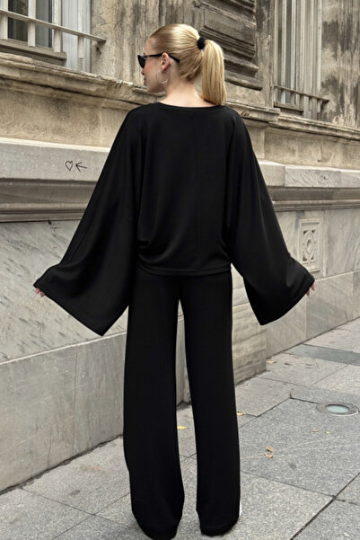 Chiccy Black Pool Collar Wide Sleeve Elastic Waist Wide Leg Casual Oversized Knitted Bottom Top Set 65-105 65-68