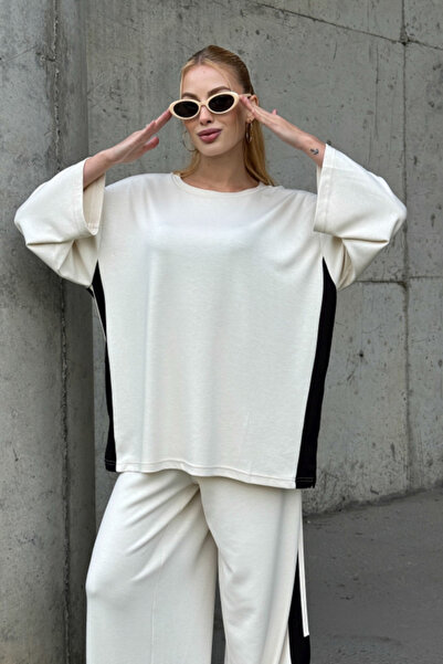 Chiccy White-Black Pool Neck Wide Sleeve Slit Side Stripes Oversized Knitted Bottom Top Set 70-105 65-68