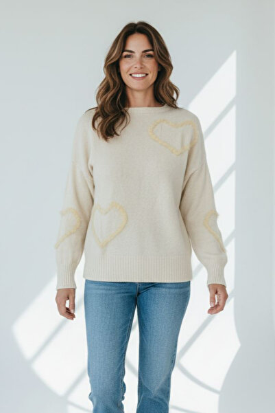 OEM Pulover dama casual bej cu inimi
