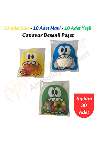 CarpCorn 30 Adet Sarı-Mavi-Yeşil Renkli Canavar Desenli Cake Pop & Kurabiye P...