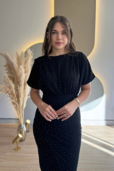 Aventien Drapeli Taşlı Siyah Midi Elbise