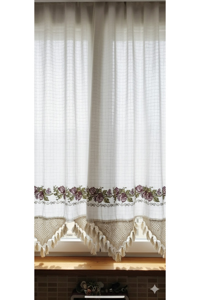 DENBU TEKSTİL Kanaviçeli Otantik Perde Mor Kanaviçe El Dantelli Keten Perde