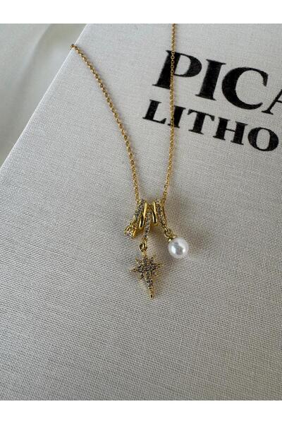 H&S AKSESUAR 3 Charmlı Kuzey Yıldız İnci Topçuk Çelik Kolye