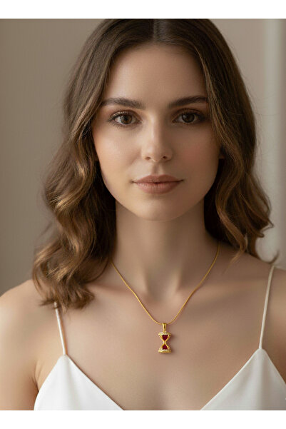 Gistoria Kırmızı Taşlı Kum Saati Figürlü Gold Kolye