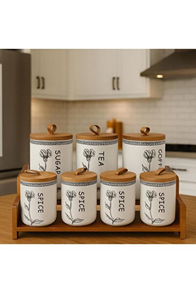 ABAREEK Ceramic spice jar set, 7 pieces, with wooden stand