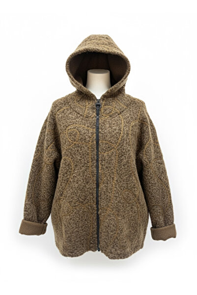 della moor Women's Brown Italian Feather Zippered K Hooded Wide Fit Boucle Coat