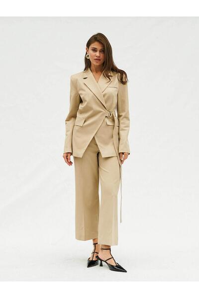 Coral Kruvaze Kendinden Kemerli Ceket 130974 Bej