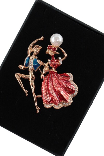 KEEBA Aşkın dansı temalı gold renkli kristal taşlı broş Romantik dans eden çi...