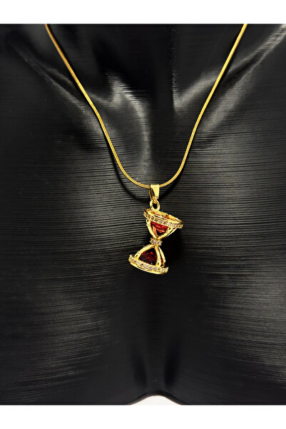 Gistoria Kırmızı Taşlı Kum Saati Figürlü Gold Kolye