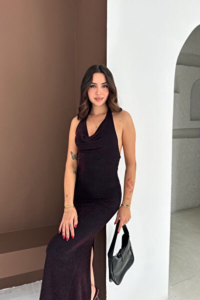 MİROR Women's Burgundy Metallic Thread Halter Midi Dress