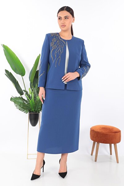 MİSS DİAMOND Blue Floor-Length Triple Suit with Stone Embroidered Shoulder an...