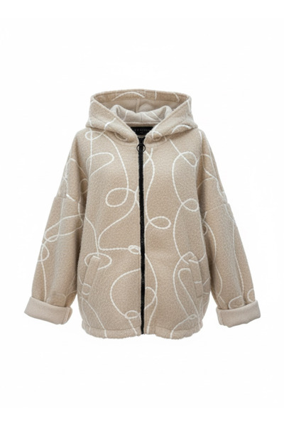 della moor Women's Beige Italian Feather Zippered K Hooded Wide Fit Boucle Coat