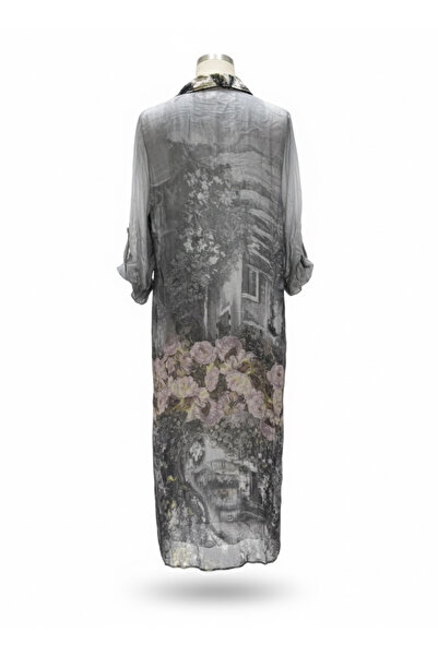 della moor Gray Italian Floral Patterned 3/4 Sleeve Lined Silk Shirt Dress