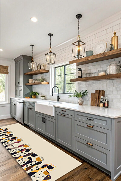 Kessy Home Studio Kahve Temalı Krem Dijital Baskı Kaymaz Taban Halı Makinede ...