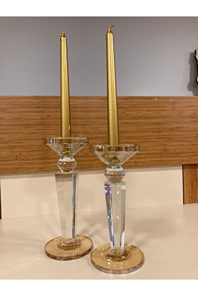 PLUS HOME ŞAMDAN MUMLUK 2'Lİ KRİSTAL PİRAMİT MODEL BAL RENGİ YÜKSEKLİK 24VE22...