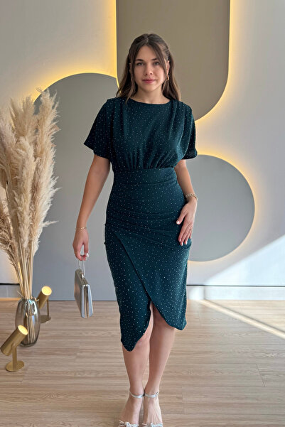 Aventien Draped Stone Emerald Midi Dress